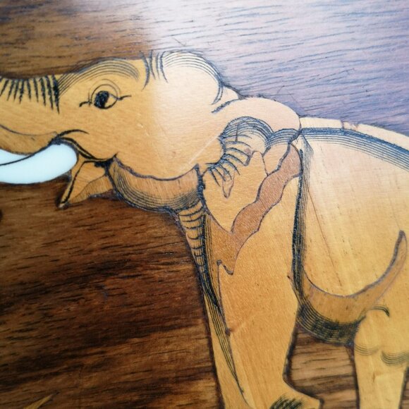 Vintage Handmade Marquetry Wooden Elephant Wall Picture 14"x6" Etched Carved - Picture 9 of 14